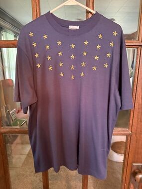 BonWorth Navy Blue Short Sleeve Embroidered Gold Star Top Crew Neck Large 57430